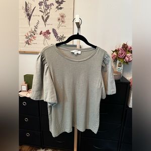 LOFT puff sleeve t shirt material blouse. Size L. Color is a light sage.